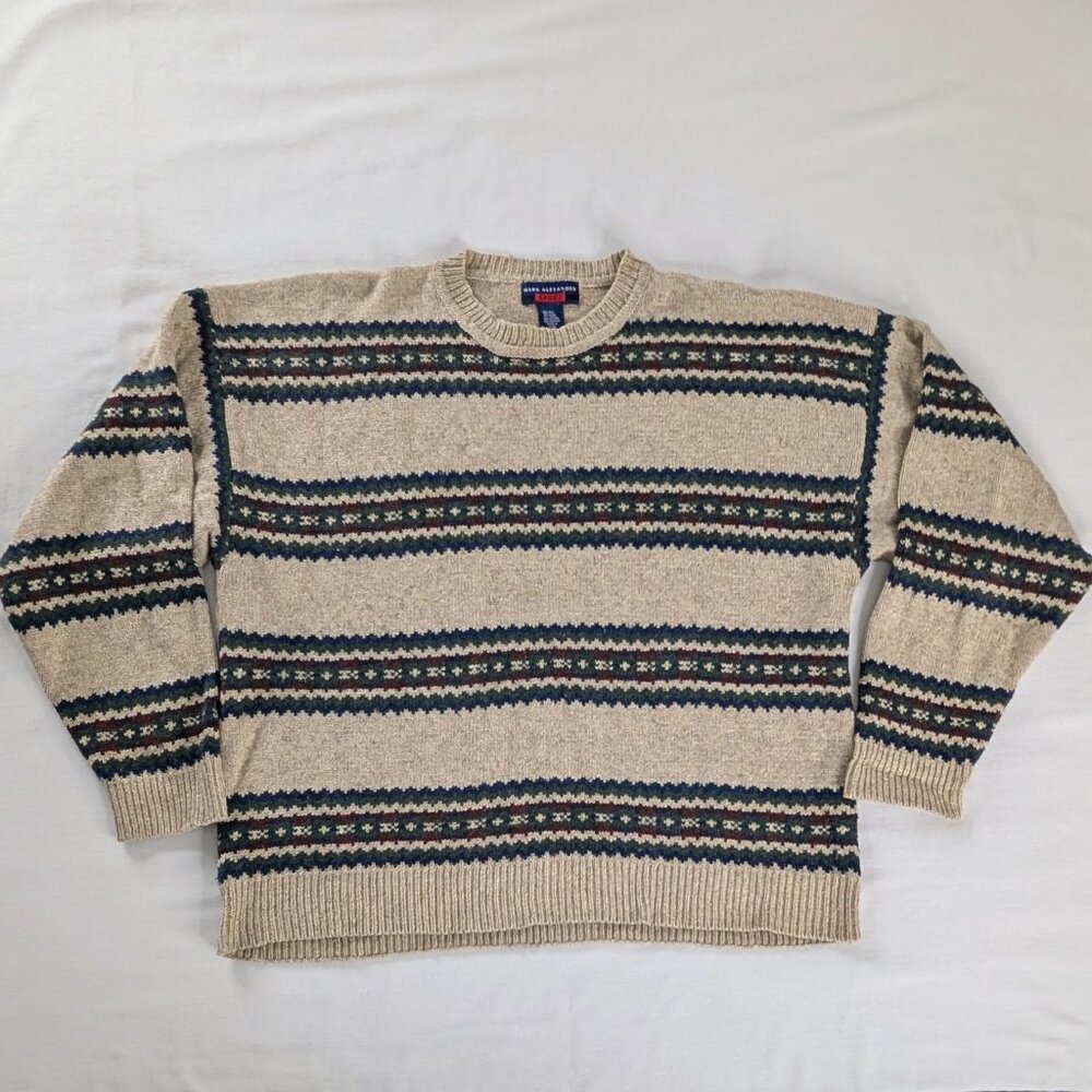 VTG Tan Maroon Green Silk Wool Chunky Knit Stripe Grandpa Sweater Fair Isle